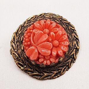 Antique Czech Molded Coral Glass Floral Brooch Prong Set On Brass Laurels c 1920